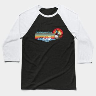 Michigan City Indiana Retro Beach Lighthouse Design Baseball T-Shirt